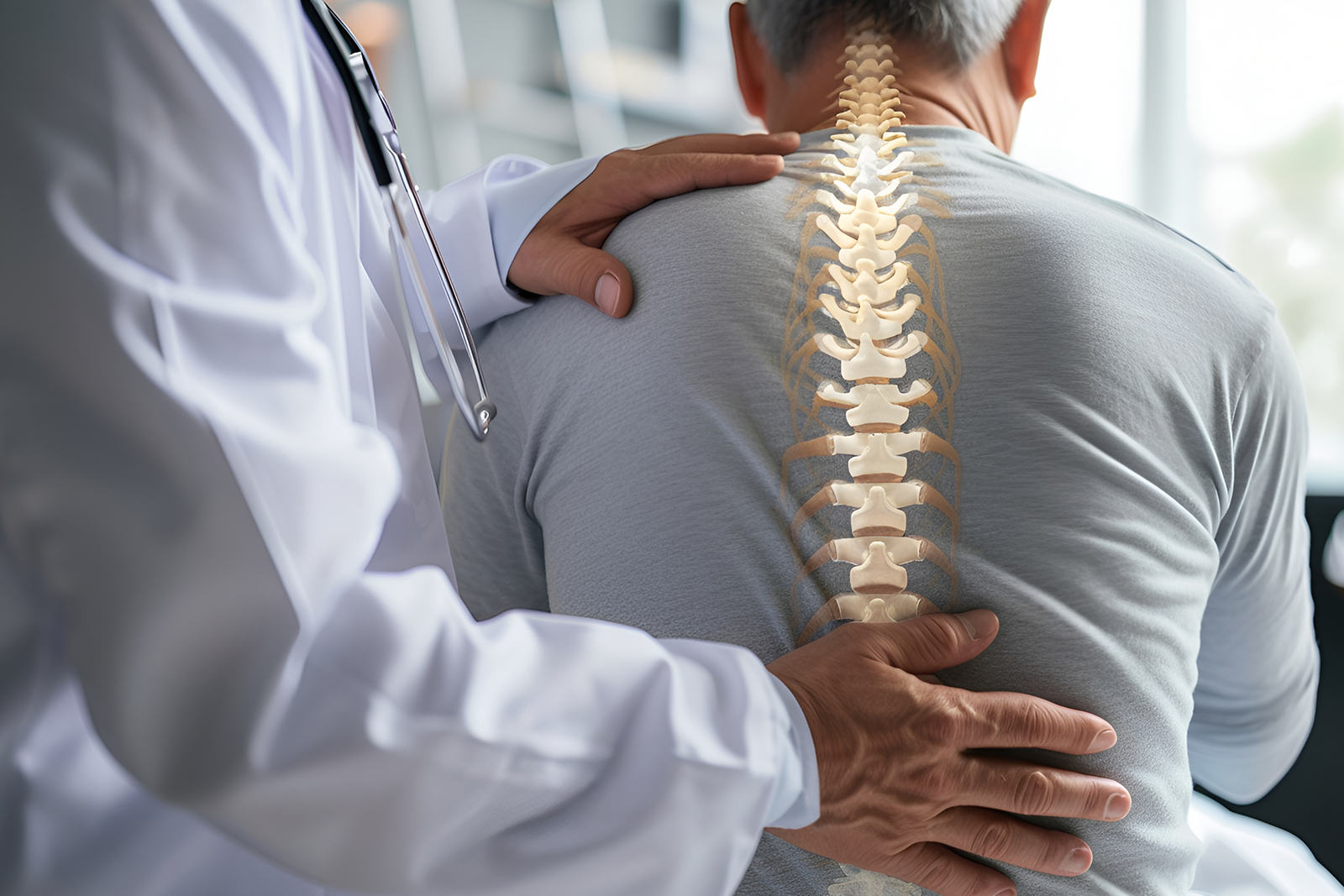 Physician places a hand on a patient’s back, with a transparent spine diagram over the torso.